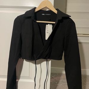 Zara Textured Collared Top with Tie Waist